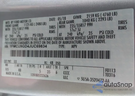 2018 Ford Escape Se z USA, uszkodzony, nr VIN 1FMCU9GD4JUC69834